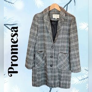 Promesa Womens Dress Coat Sz M Gray & Beige Plaid Warm-Cozy Winter Wear Grandma